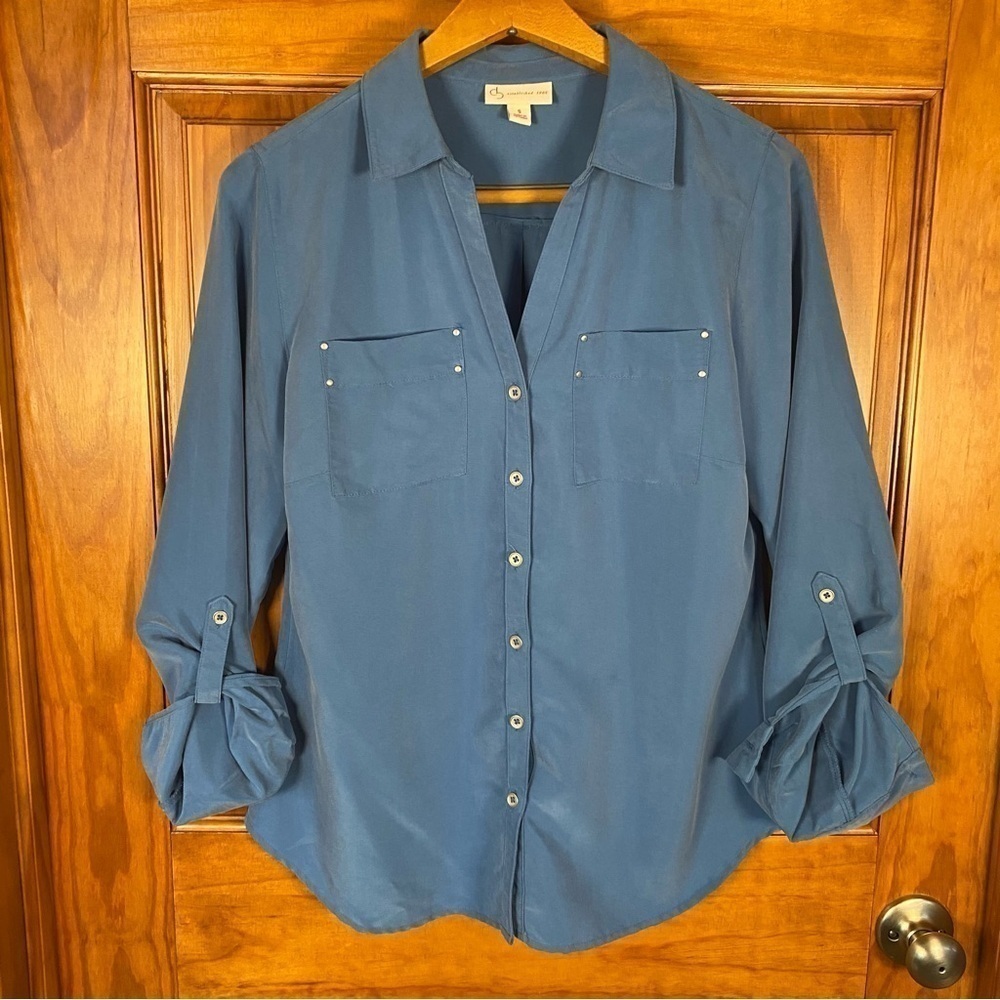 Dress Barn Blue Button-Up Blouse with Silver Accents